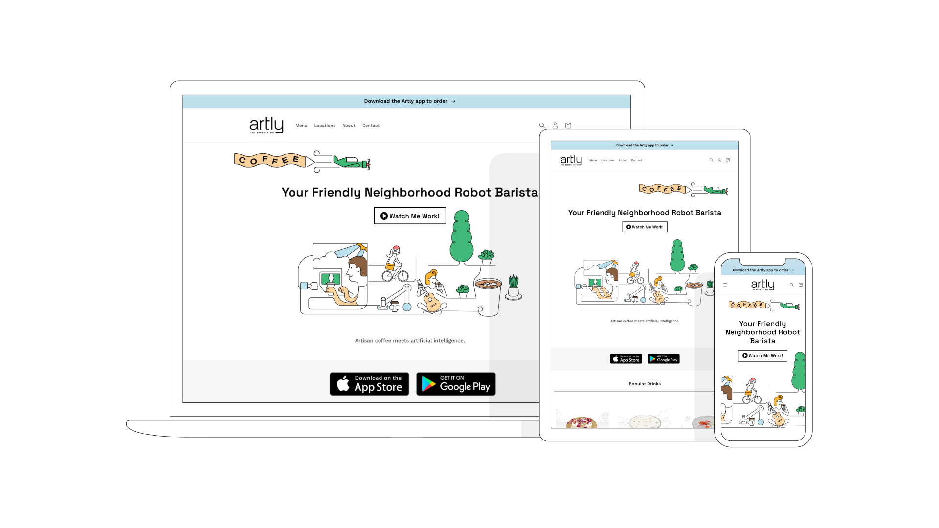We mocked up what the website would look like on a desktop, tablet, and smartphone. Artly’s signature illustrations are featured on each page front and center.