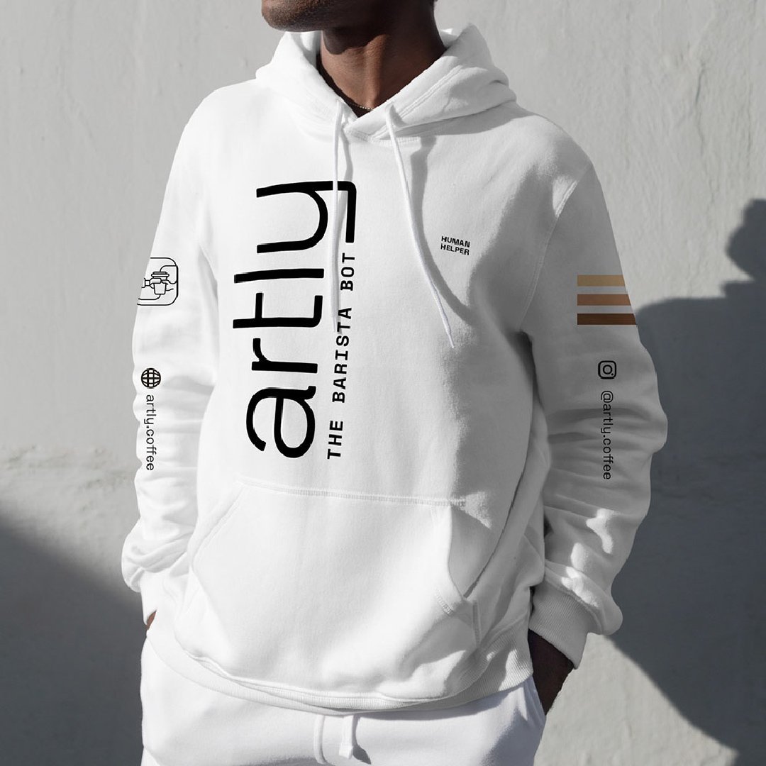 Hoodies for Artly staff are all white with the logo vertical along the right. The words “human helper” are on the left chest. The sleeves feature the website, Instagram handle, illustrations, and three lines of color.