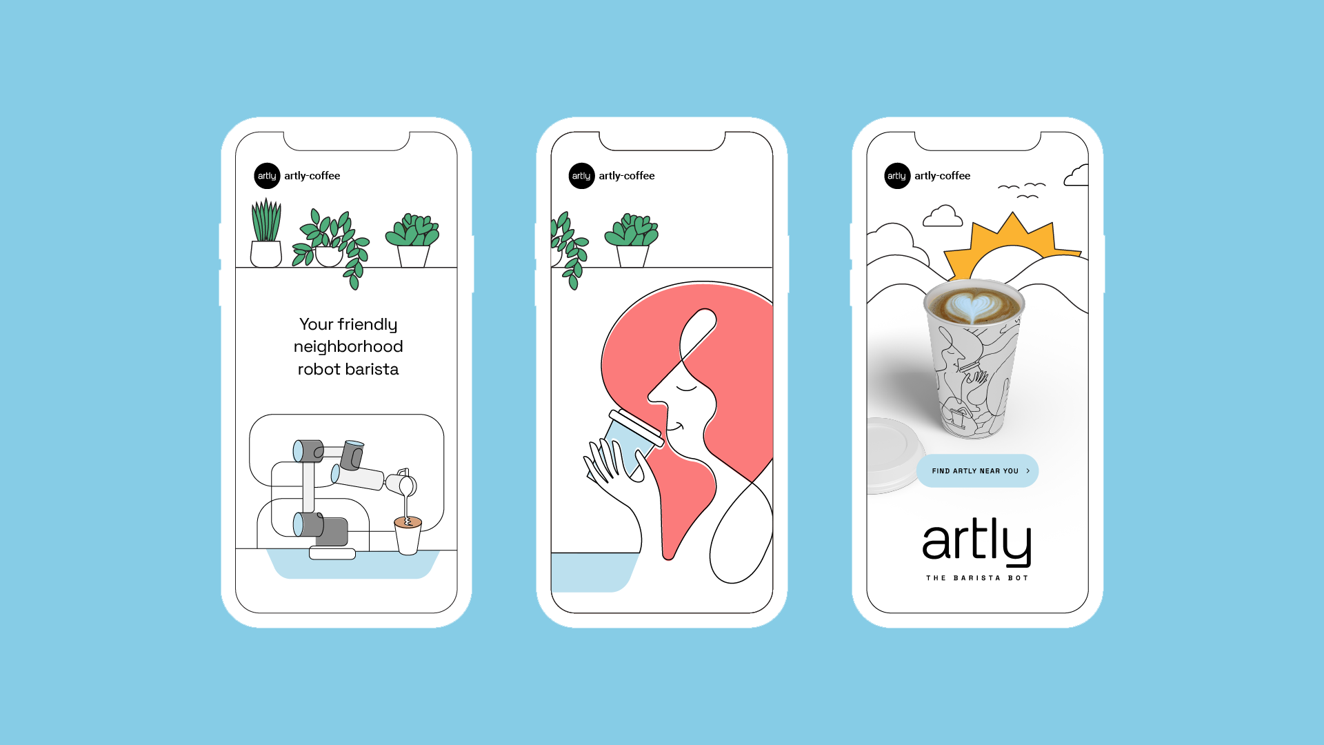 A mockup of three illustrated social media posts sit against a blue background. The first mockup features the phrase “Your friendly neighborhood robot barista” surrounded by plants and the robot arm. The second features a woman happily sipping coffee. The third features a coffee cup with the sun rising behind it.