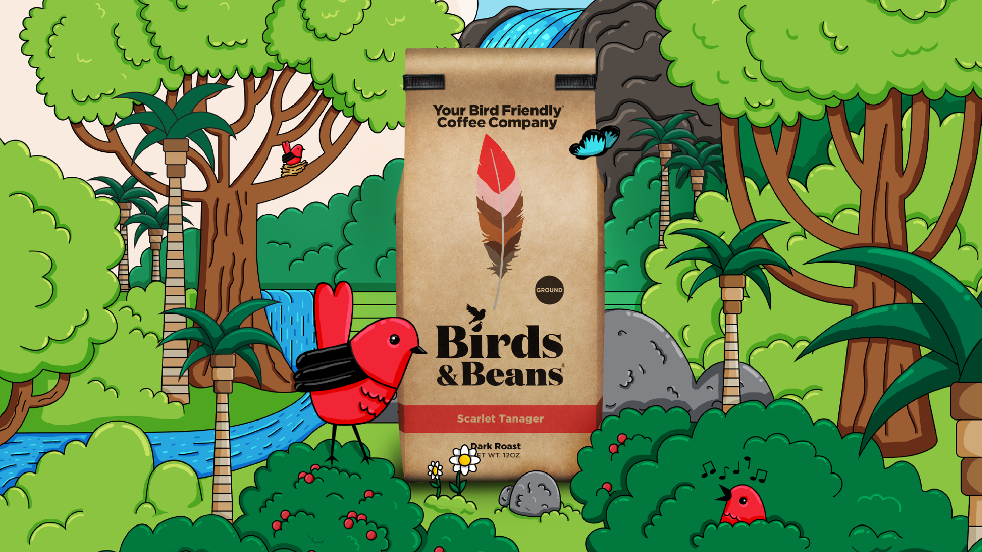 A Scarlet Tanager perches in a tree next to a Birds & Beans bag of the same name. A second bird sings in a bush, and a third sits atop a next among the trees. There are a variety of trees and plants as well as a waterfall. The entire image is hand illustrated with the exception of the bag.
