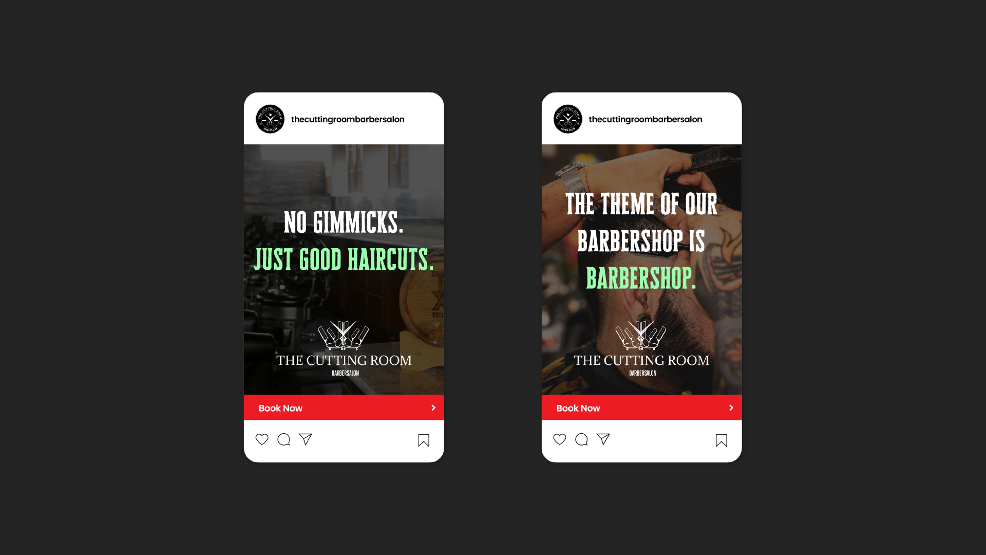 Two social media ad concepts sit side by side. The first says, “No gimmicks. Just good haircuts.” The second says, “The theme of our barbershop is barbershop.”