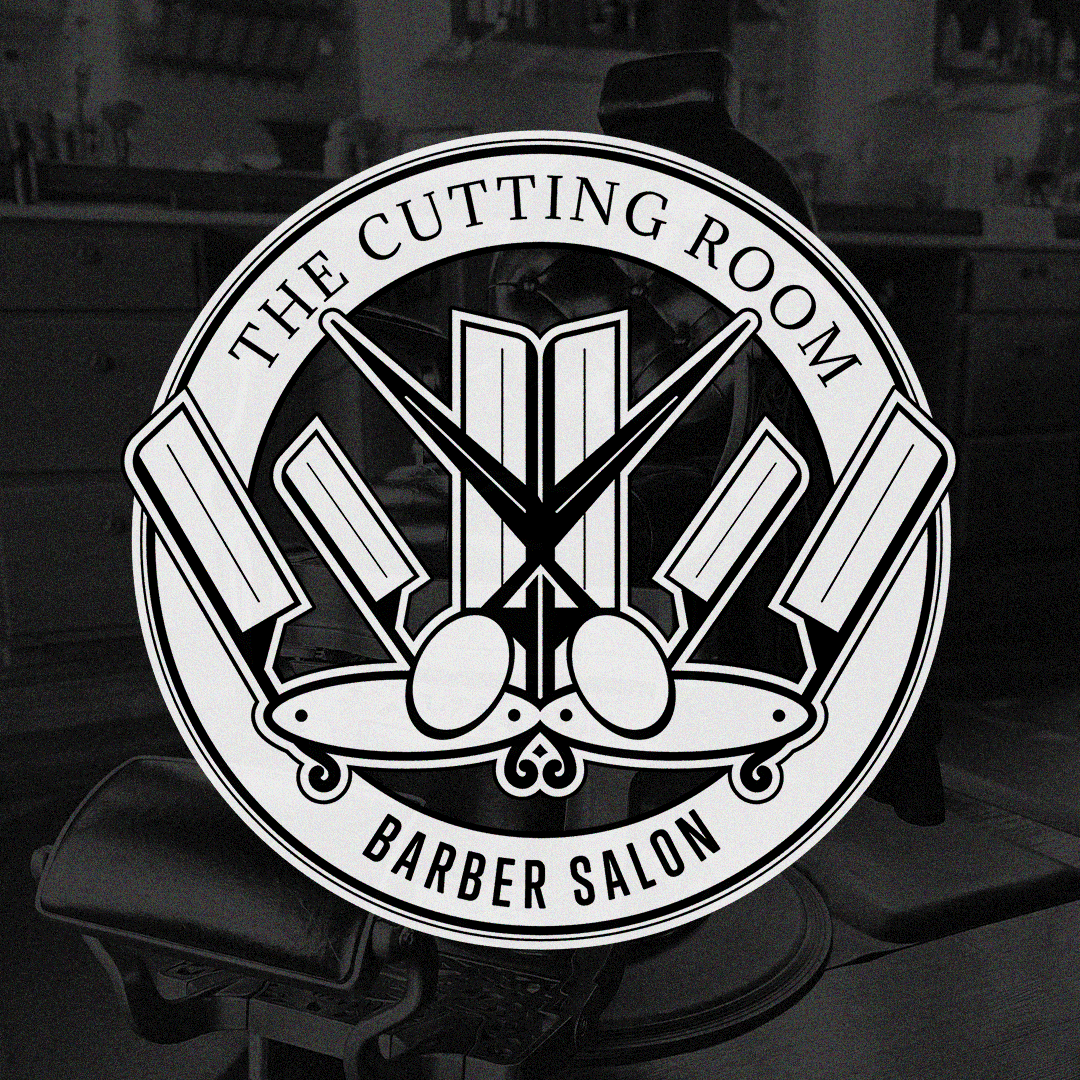 An image of a barbershop chair overlaid with added noise serves as the backdrop of The Cutting Room logo.