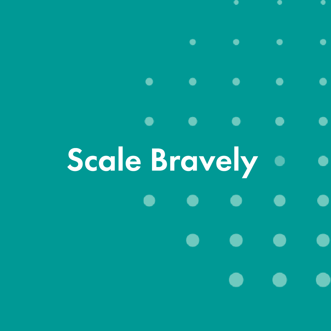 An ad features the text “scale bravely.” Dots cover two-thirds of the right side. The dots are small at the top and increasing in size closer to the bottom.