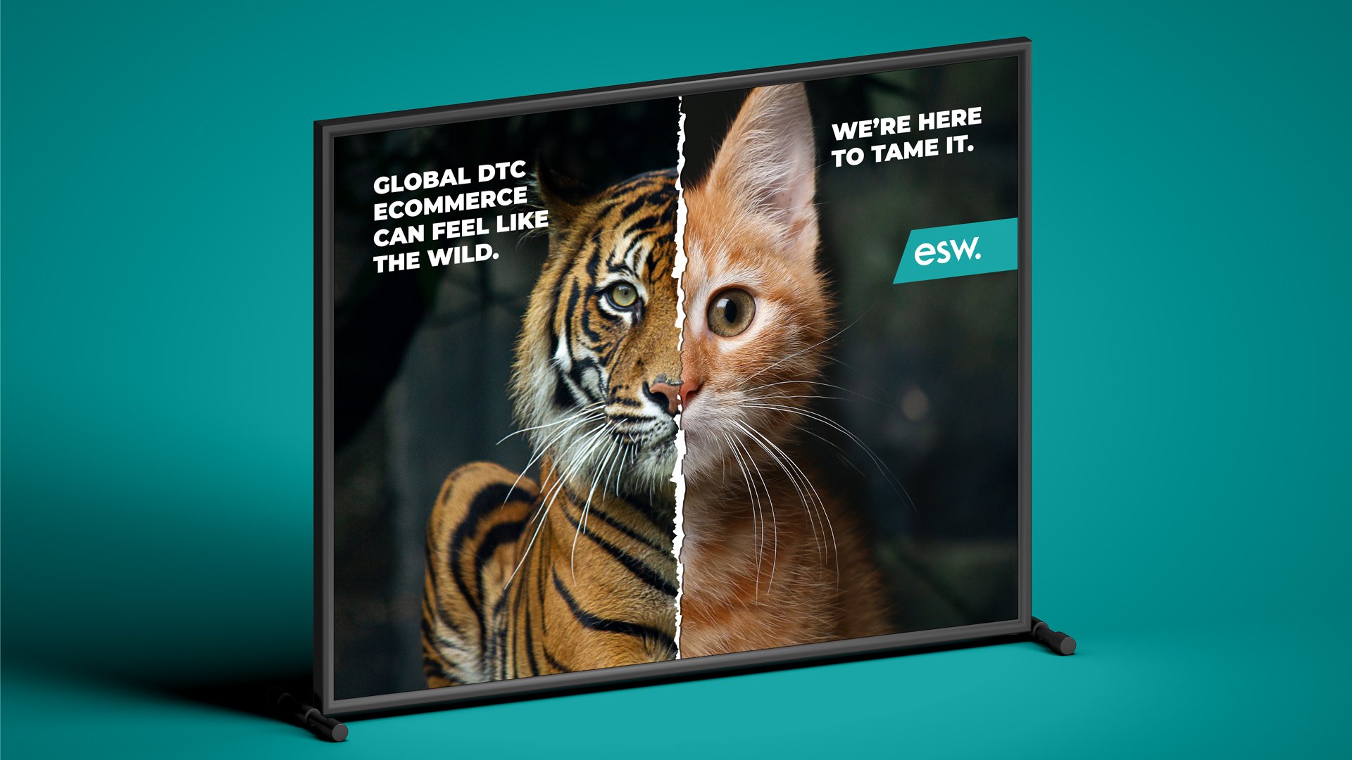 A television screen featuring the tiger/kitten ad sits against a teal background.