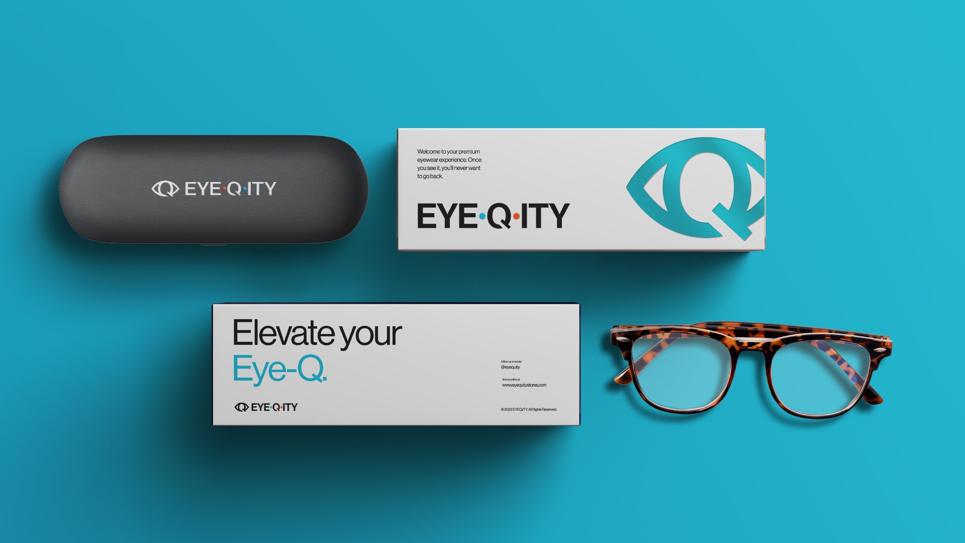 A glasses case sits next to a glasses box that says, “Welcome to your premium eyewear experience. Once you see it, you’ll never want to go back.” Below that are a pair of glasses and the other side of the box with the logo.