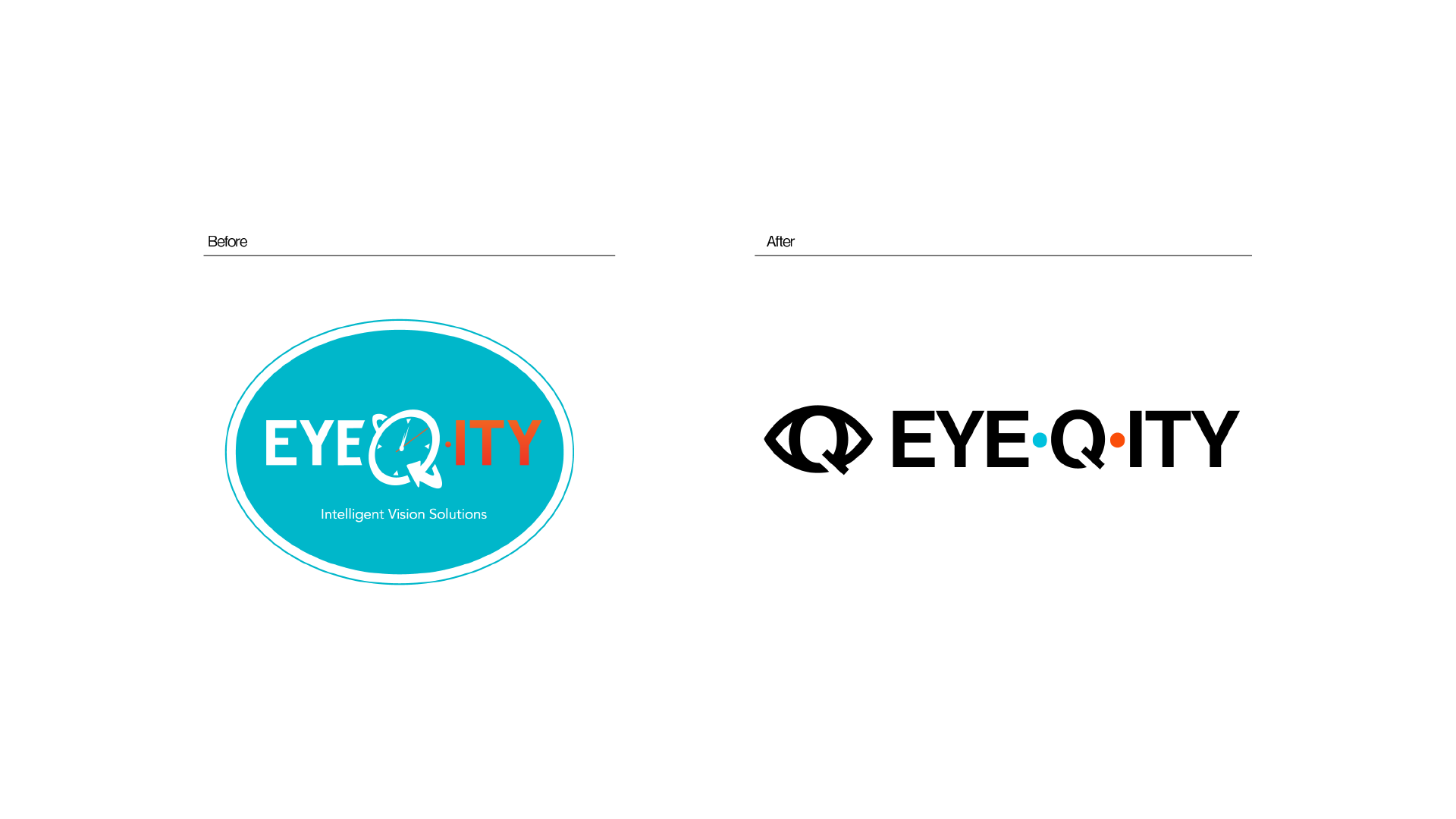 The old EYEQ.ITY logo is on the left. The “eye-q” is in white, the “ity” is in orange, and both are encircled in teal. The “Q” is shaped like a clock. The new logo is on the right. The text is all one color with a teal and orange dot on either side of the “Q.”
