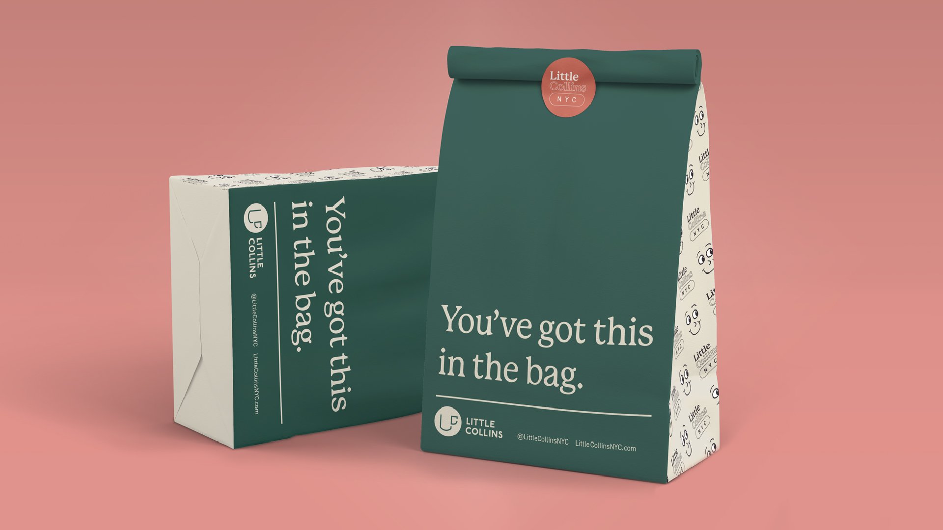 A dark teal and cream colored bag sits against a coral-colored backdrop. The text reads, “You’ve got this in the bag.” Illustrations of the logo and Collin line the sides of the bag. The top of the bag is sealed with a Little Collins NYC sticker.