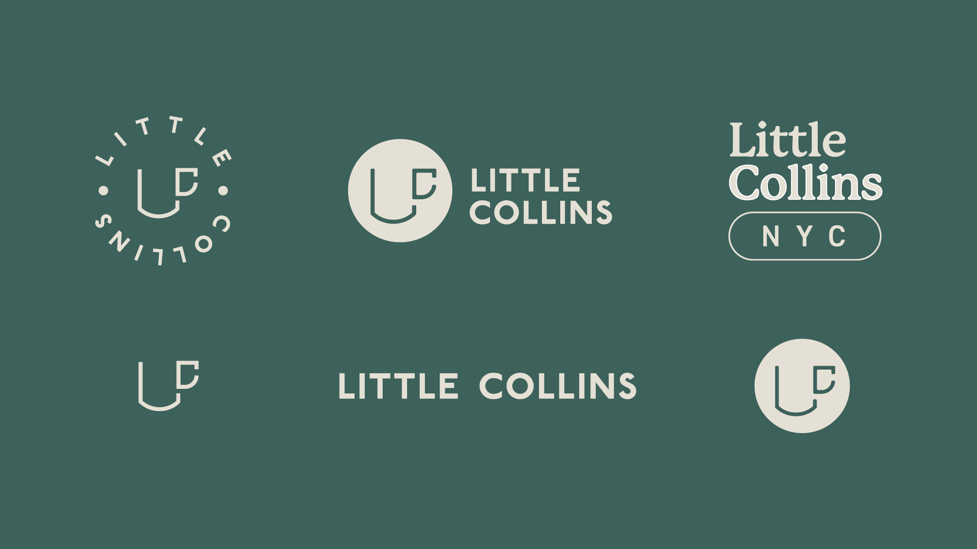 There are six variations of the Little Collins logo. All are in a parchment color against the avocado colored background.