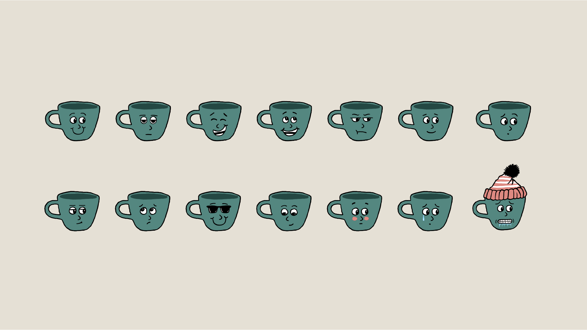 There are fourteen faces for Collin. In order from left to right and top to bottom, they are happy, sleepy, laughing, ecstatic, grumpy, content, bemused, smirking, concerned, cool, peaking, embarrassed, sad, and cold.