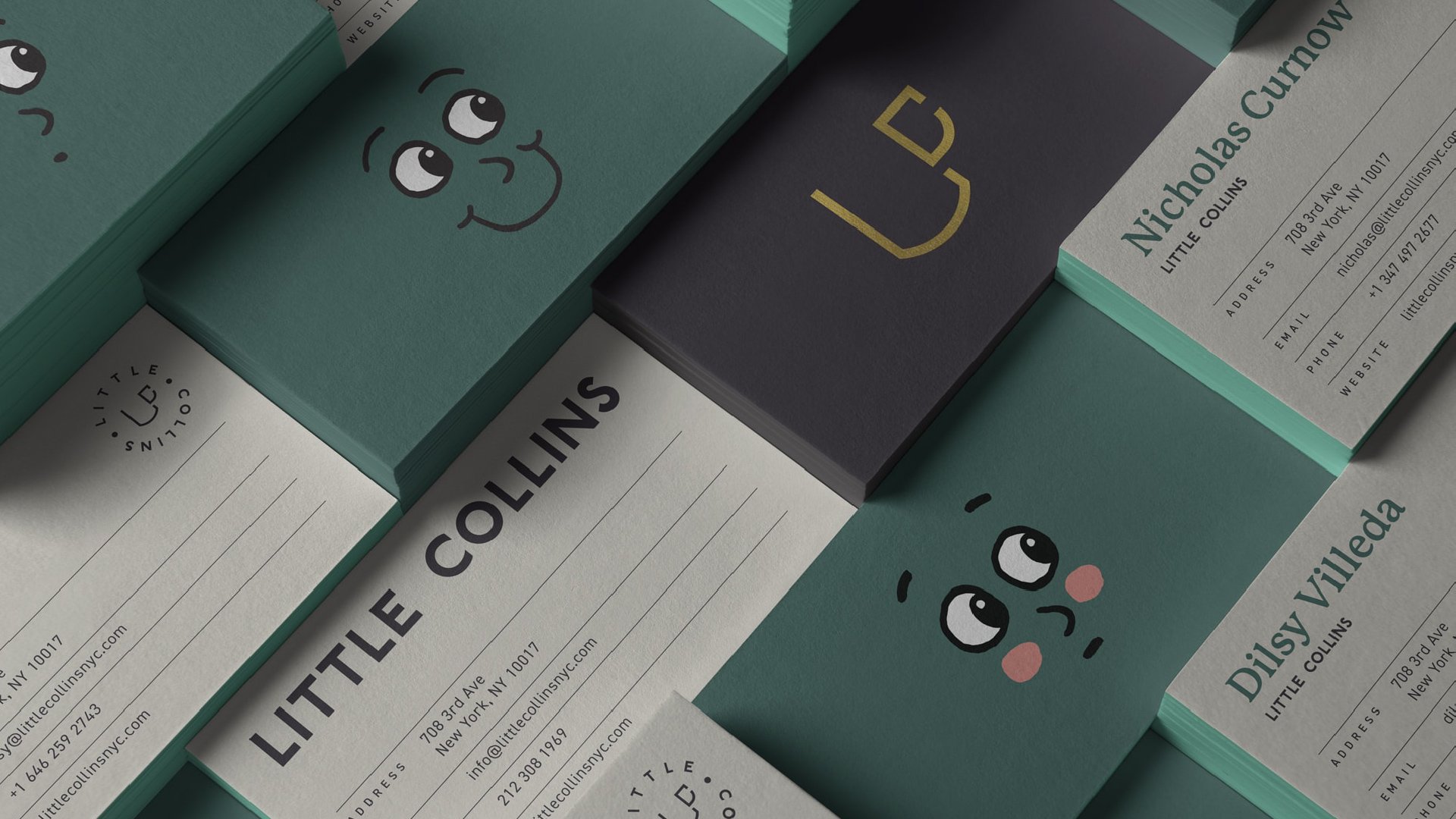 Business cards feature the many faces of Collin – one smiling and one embarrassed – as well as the Little Collins watermark. The back of the card has the contact information of those who work at Little Collins.