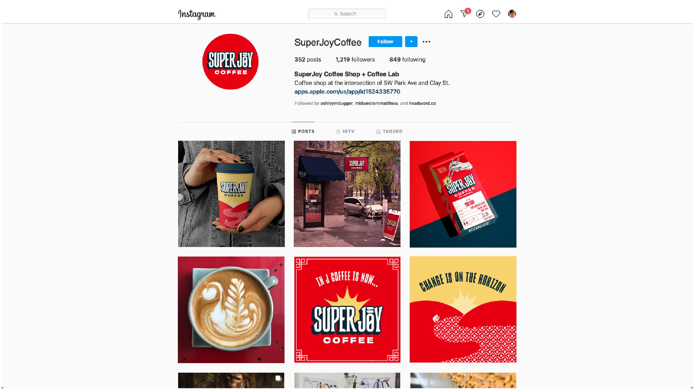 A look at the Super Joy Instagram feed shows a series of branded images. They reflect how brand identity comes to life in social media.