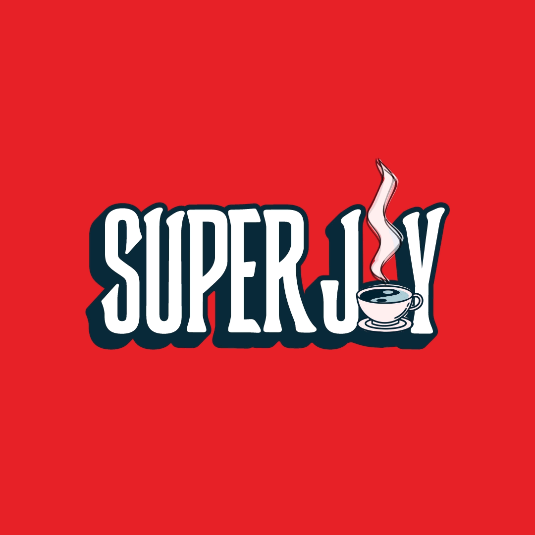 A variation of the Super Joy logo replaces the “O” with a steaming cup of coffee. Inside the coffee is the yin and yang symbol.