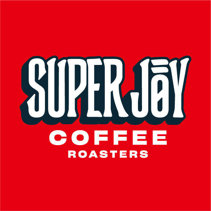 The new Super Joy logo has text that is easier to read and more rounded. The navy shadow of the letters makes the words pop against the red.