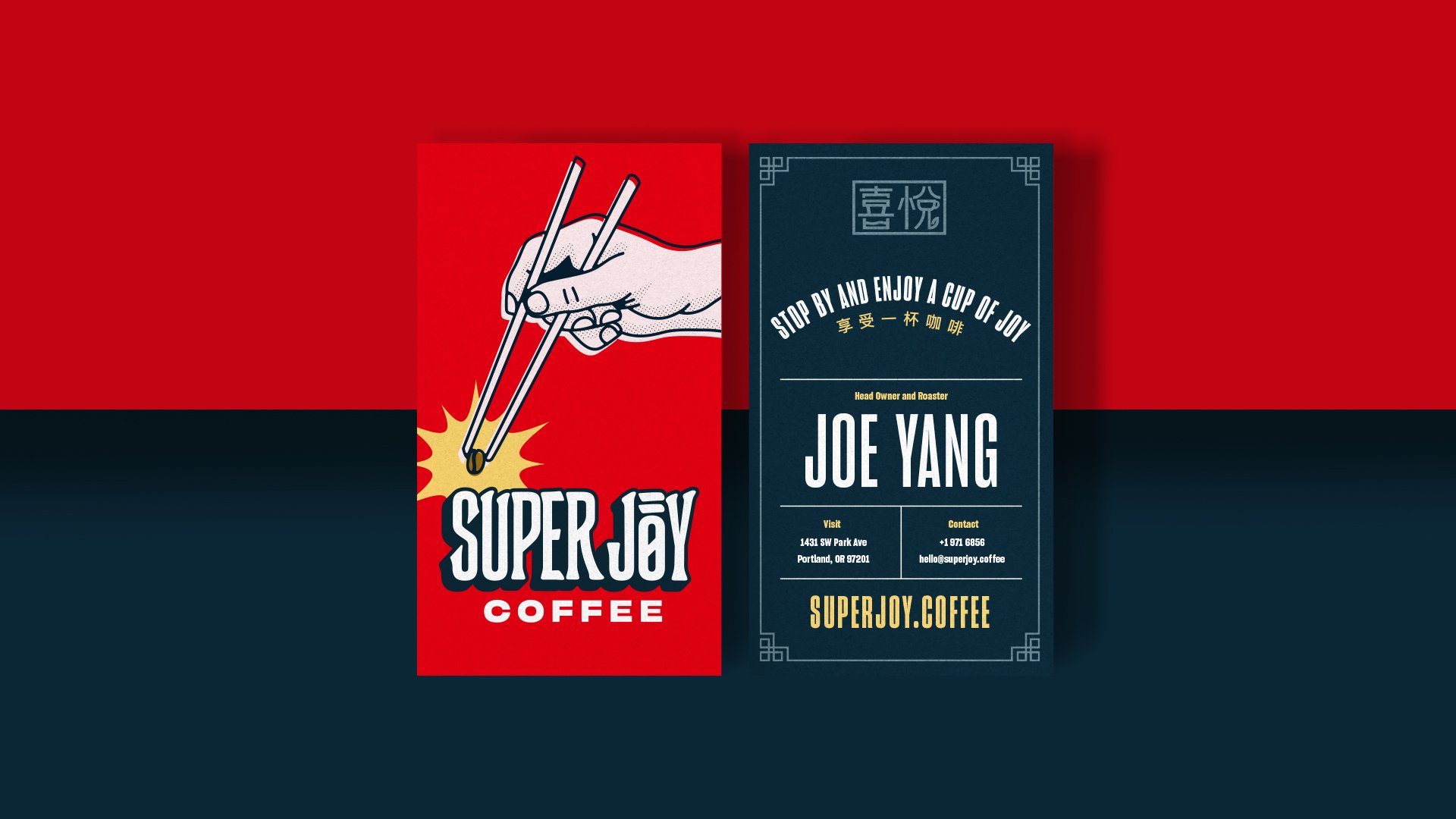 The business cards are red on one side and navy blue on the other. The red side features the logo with a hand holding chopsticks and a coffee bean. The navy side feature the contact information of the cardholder and the shop’s website.