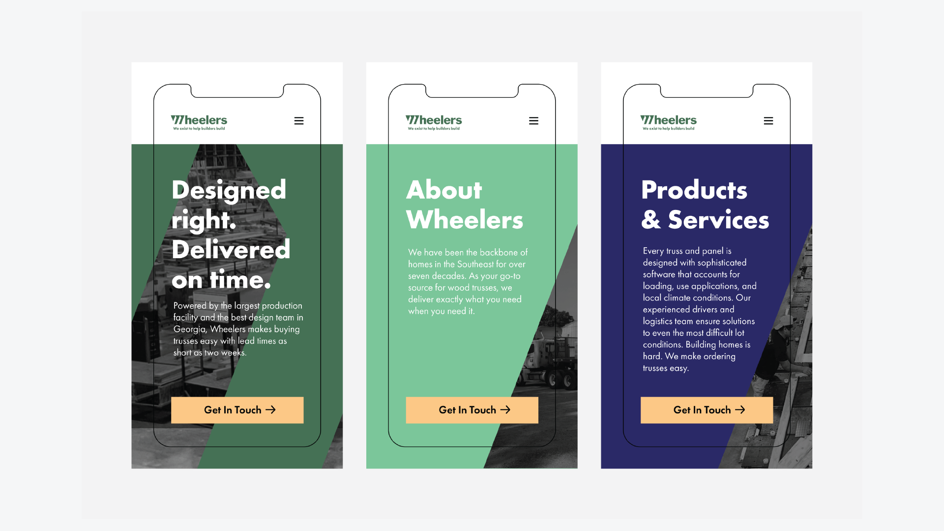 Each page on the website has a similar design but utilizes different colors. The home page is the signature dark green. The about page is a lighter green. The products page is navy blue. All pages feature images of the Wheelers plant in the background.