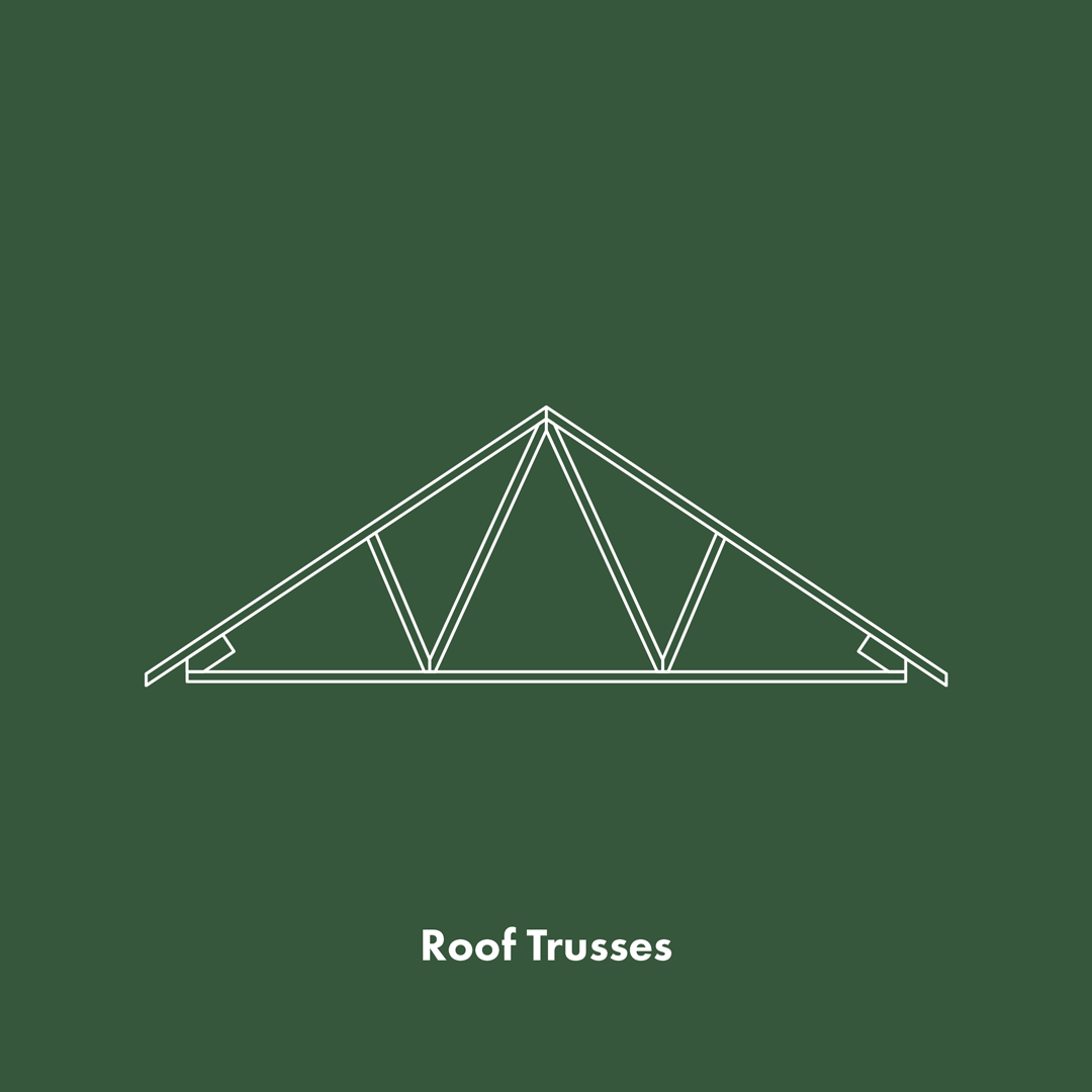 An illustrated fink wood truss is on a dark green background.