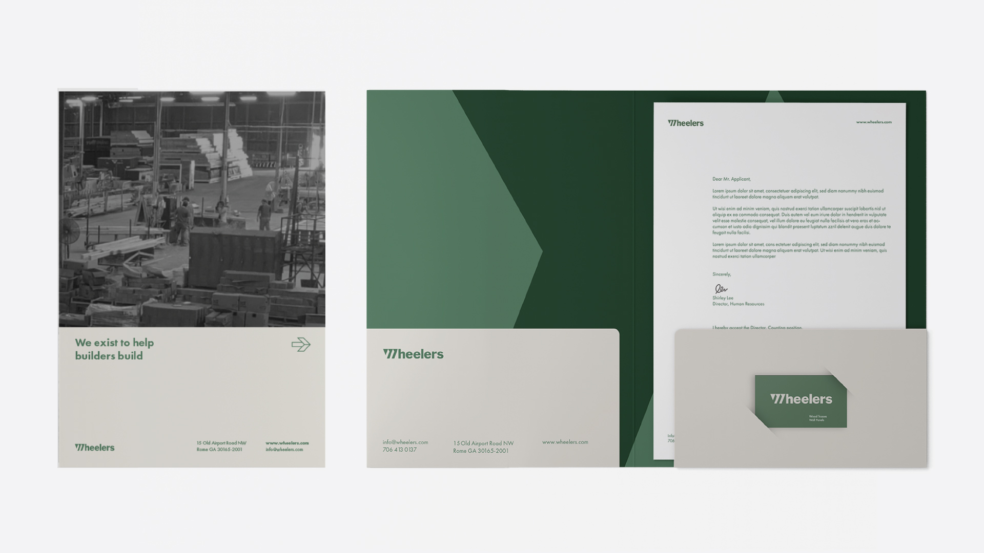 The inside of Wheelers’ plant is on the front of a folder with the address, website, and email address. Inside the folder is light and dark green with a zoomed in watermark. Behind one folder flap is a letter. There’s also a slot for a business card as well.