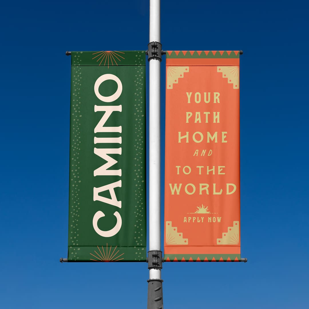 Camino banners on a pole