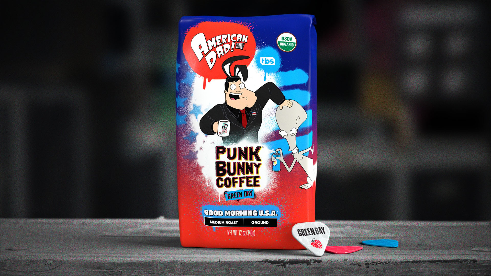 Punk Bunny Coffee's "Good Morning USA" blend featuring Stan and Roger from American Dad
