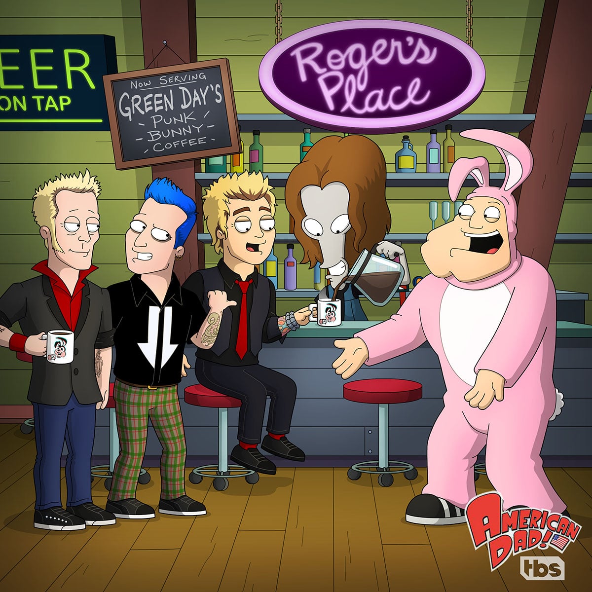 An American Dad-ified version of Green Day with Stan dressed as the Punk Bunny.