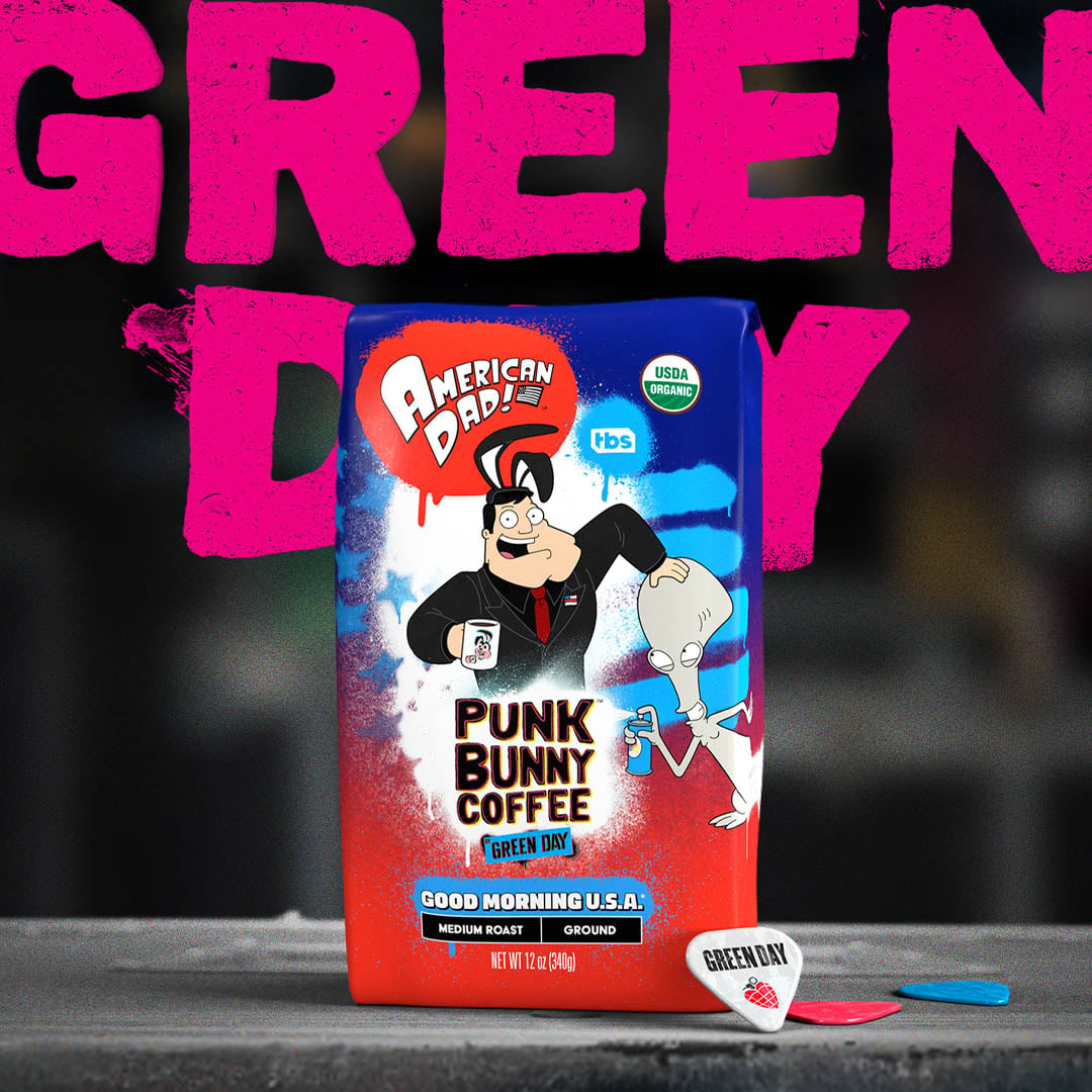 Green Day's Coffee brand, "Punk Bunny" in collaboration with TBS hit show, "American Dad" introduces the "Good Morning USA" blend; Start your day the American Dad way.