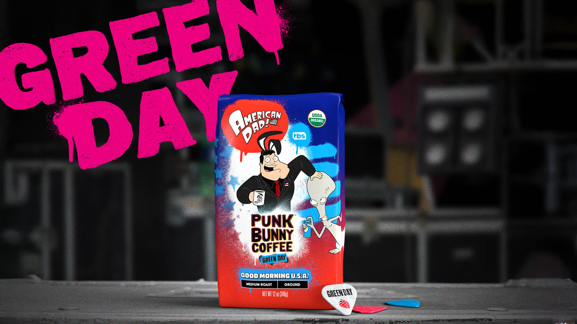 Green Day's Coffee brand, "Punk Bunny" in collaboration with TBS hit show, "American Dad" introduces the "Good Morning USA" blend; Start your day the American Dad way.